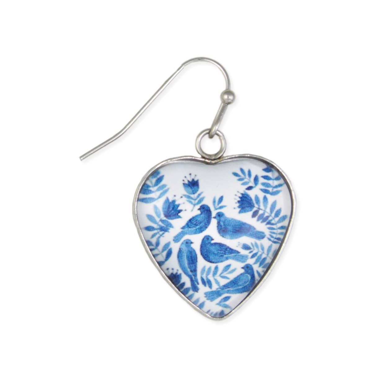 Heart-shaped earring with blue bird design on a white background