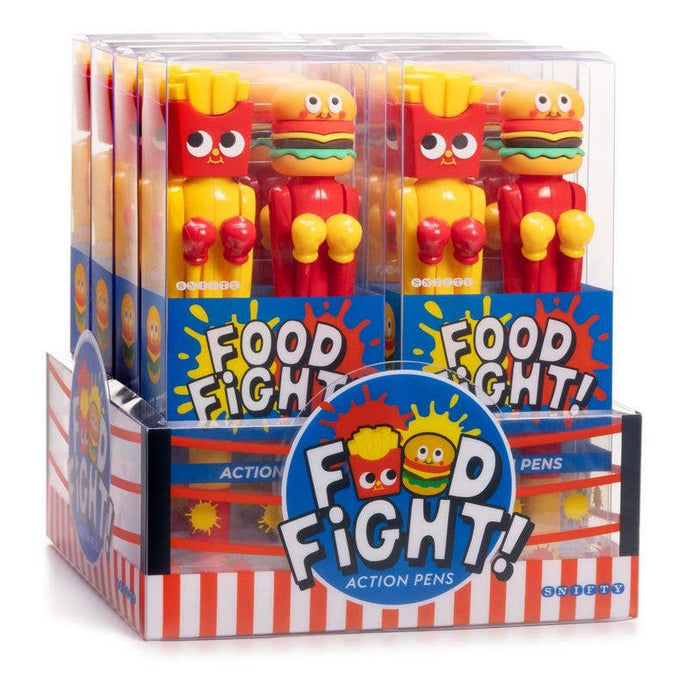 Display of 'Food Fight!' action pens with colorful packaging on a white background