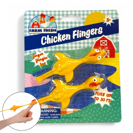 Packaging of 'Chicken Flingers' toy with a hand demonstrating its use.