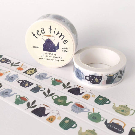 Tea-themed washi tape with 'tea time' text on a white background