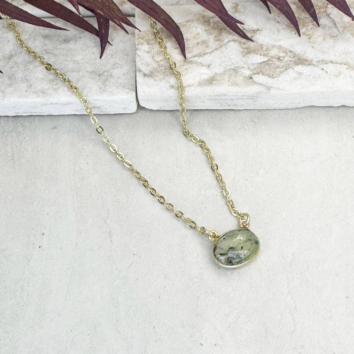 Gold Plated Necklace with Semi-Precious Stone - Prehnite