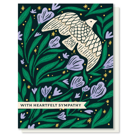 Greeting card with a dove and floral design on a dark green background, featuring the text 'With Heartfelt Sympathy'.
