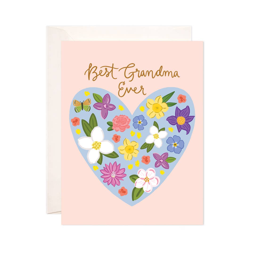 Greeting card with floral heart design and 'Best Grandma Ever' text on a pink background