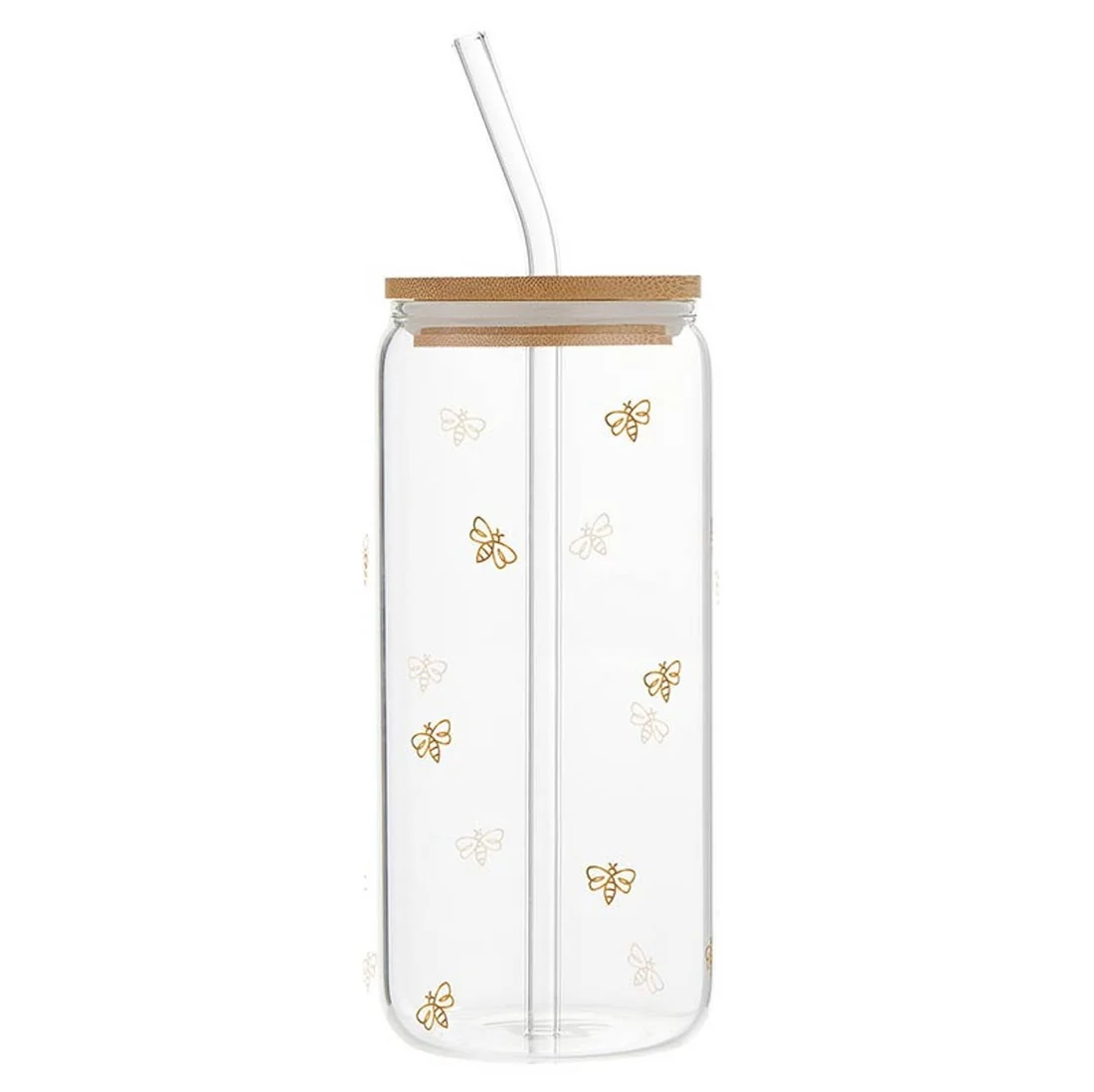 Clear glass tumbler with a bamboo lid and clear glass straw, decorated with small gold and white bee motifs, shown on a white background.