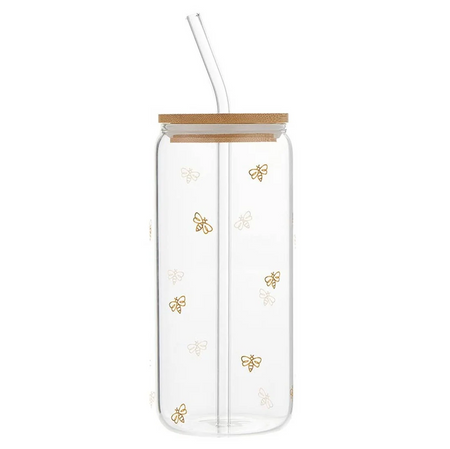 Clear glass tumbler with a bamboo lid and clear glass straw, decorated with small gold and white bee motifs, shown on a white background.