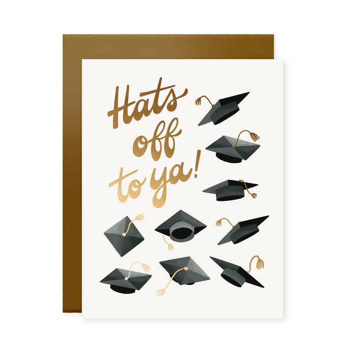 Graduation-themed card with black caps and 'Hats off to ya!' text on a white background.