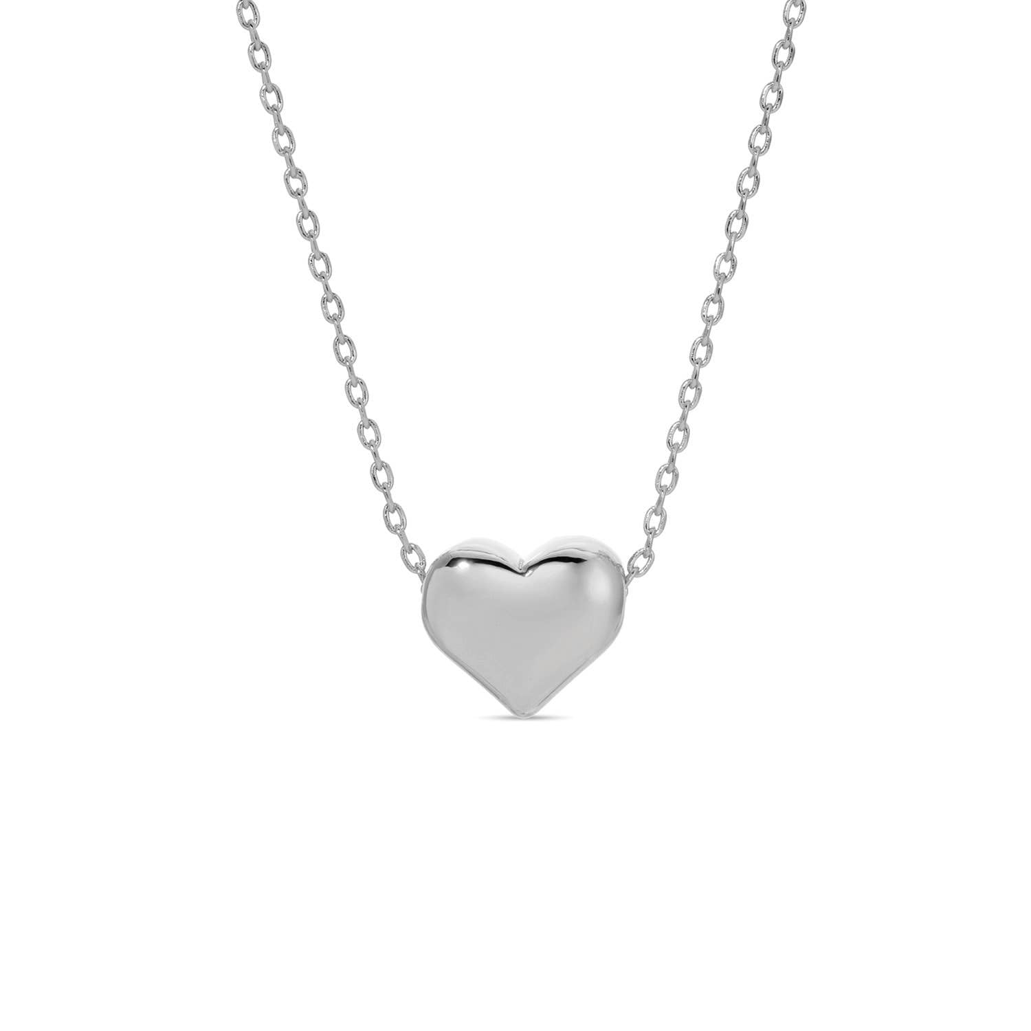Silver heart-shaped pendant on a chain against a white background