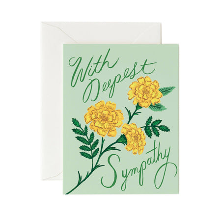 Sympathy card with yellow flowers and text on a light green background