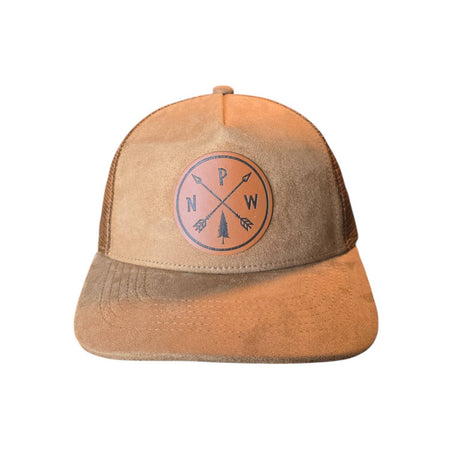 Brown and beige cap with a leather logo on a white background