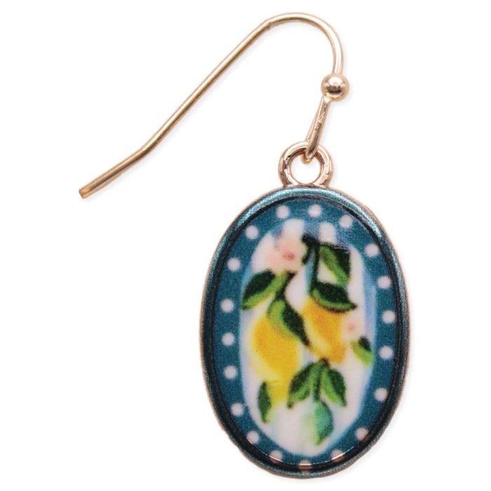 Lemon Branch Print Gold Oval Earrings