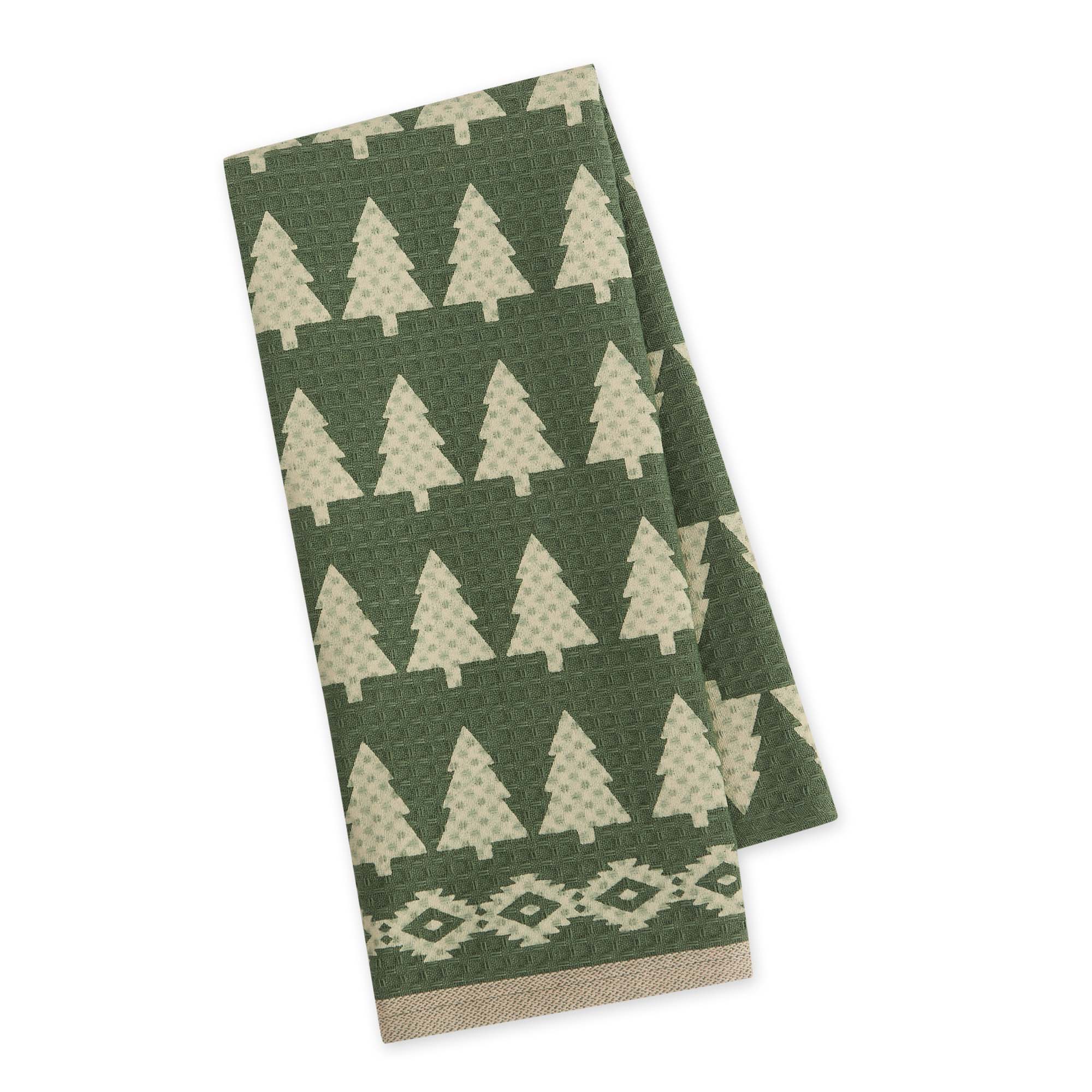 Green towel with beige tree pattern on a white background