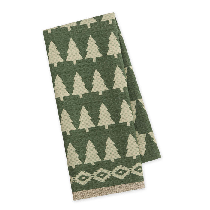 Green towel with beige tree pattern on a white background