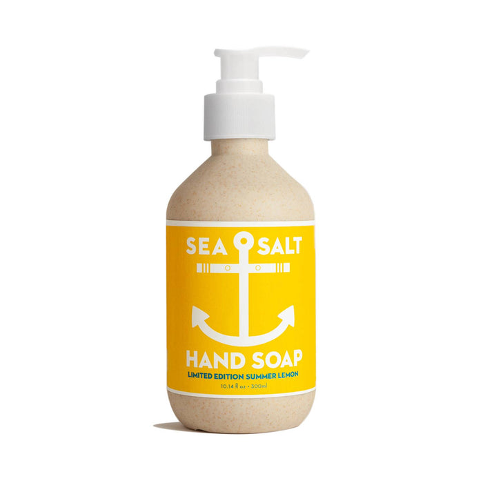 Hand soap bottle with yellow label featuring a white anchor on a white background