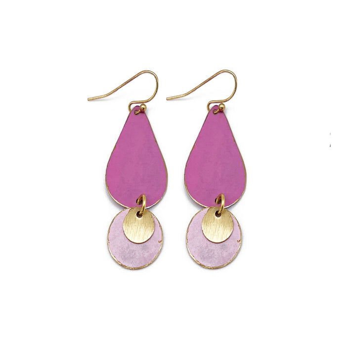 Brass Patina Earrings Pink and Lilac Two Tiered Dangle
