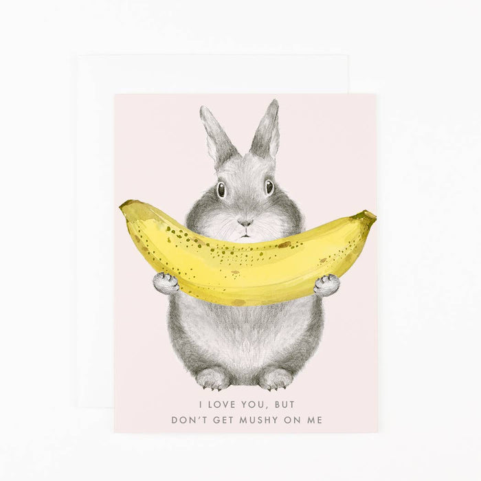 card with Illustration of a rabbit holding a banana with text on a pink background