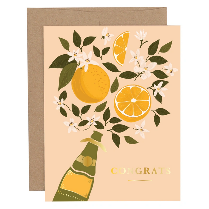 Greeting card with orange design and 'Congrats' text on a beige background