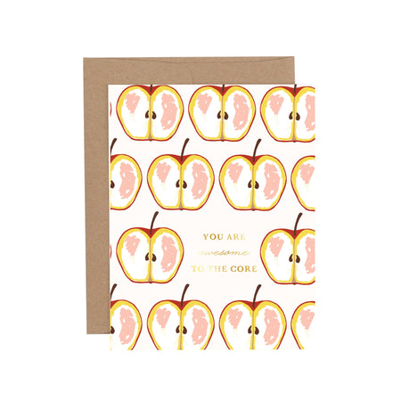 Greeting card with apple core pattern and text on a white background