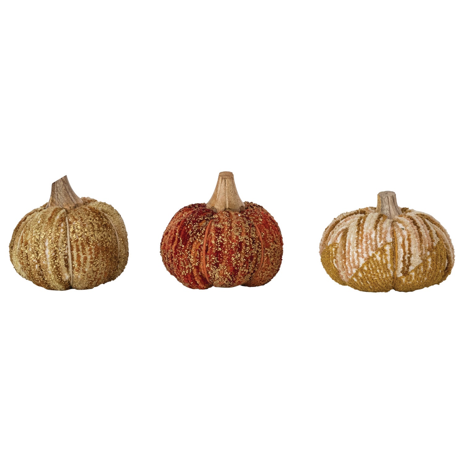 Handmade Cotton, Fabric Chenille & Mango Wood Pumpkin, 3 Styles