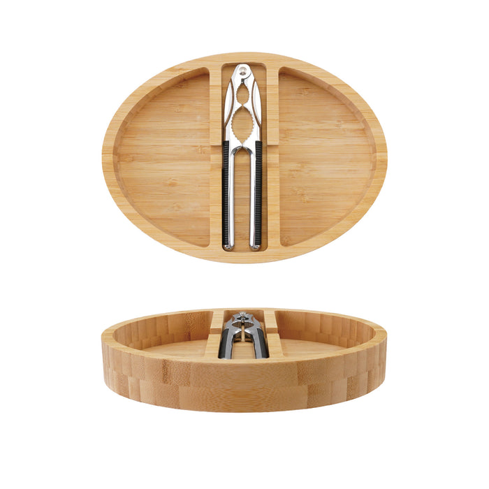 Bamboo Tray with 2 Sections & 6-1/2"L Zinc Alloy Nut Cracker, Natural, Set of 2
