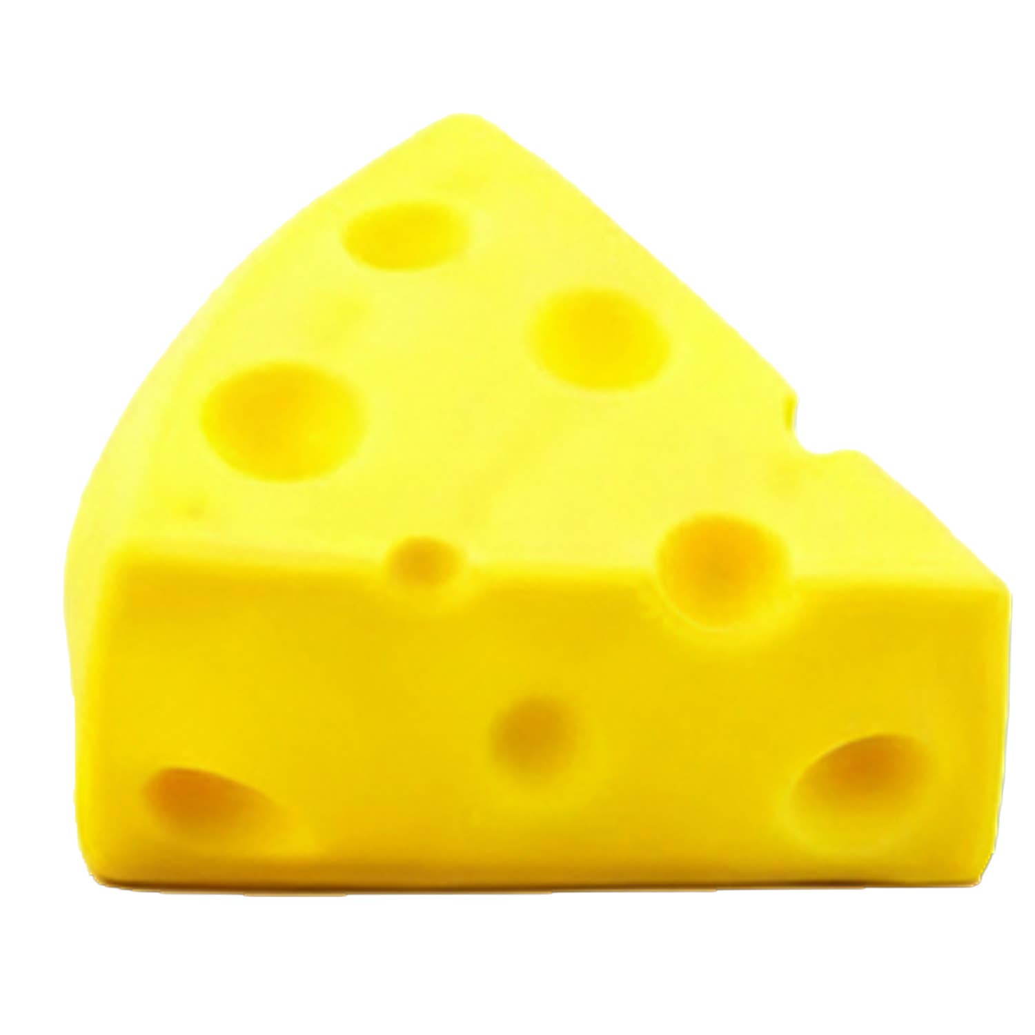 Yellow cheese-shaped foam block with holes on a white background