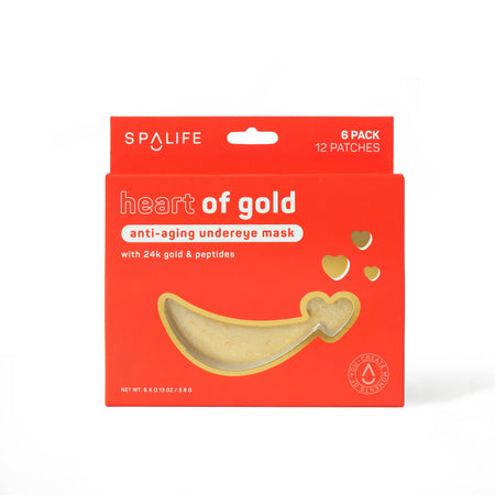Packaging of Heart of Gold Anti-Aging Undereye Masks with a red and yellow design, indicating a 6-pack with 24K gold and vitamin E for undereye treatment.
