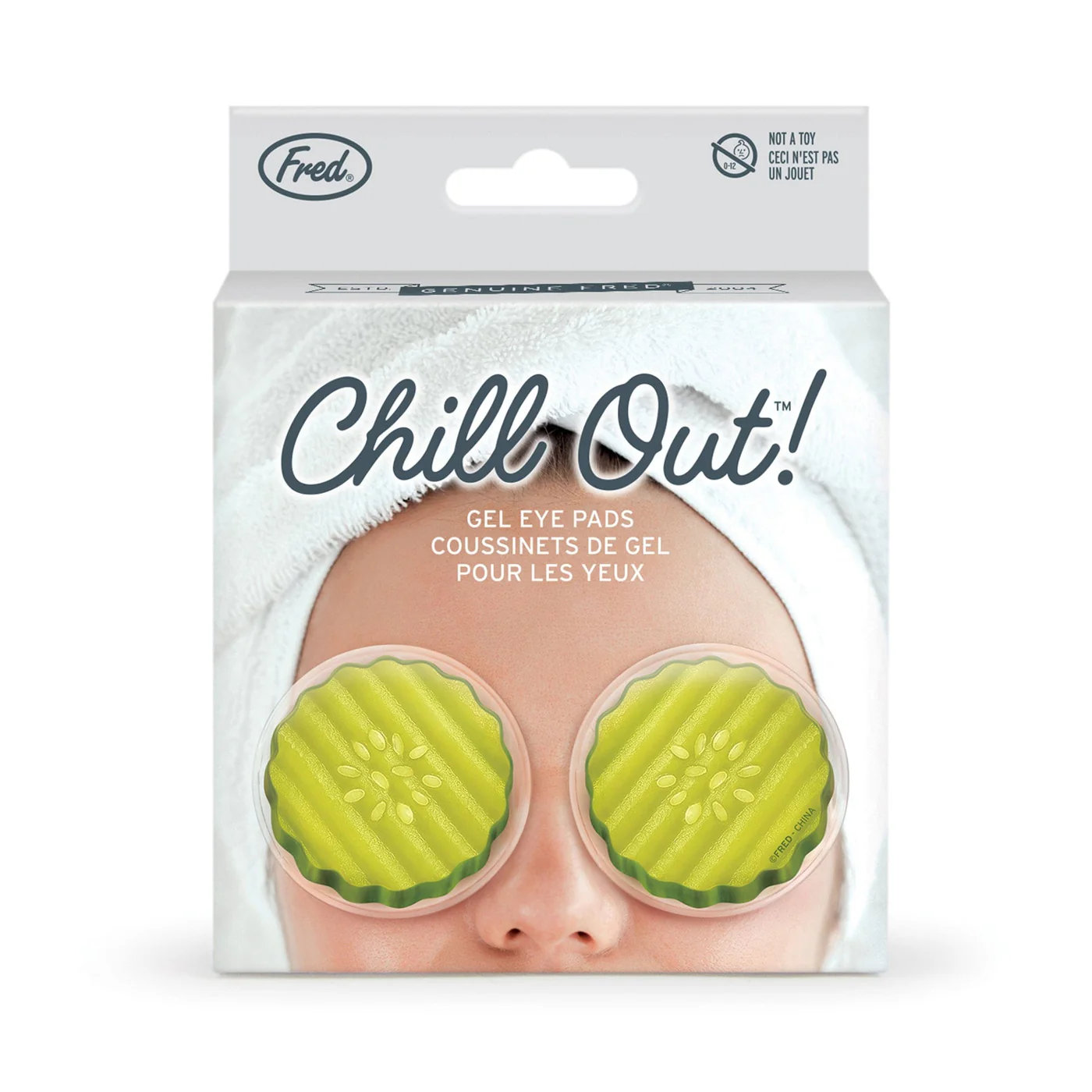 Packaging of 'Chill Out!' gel eye pads with a person wearing them on a white background.