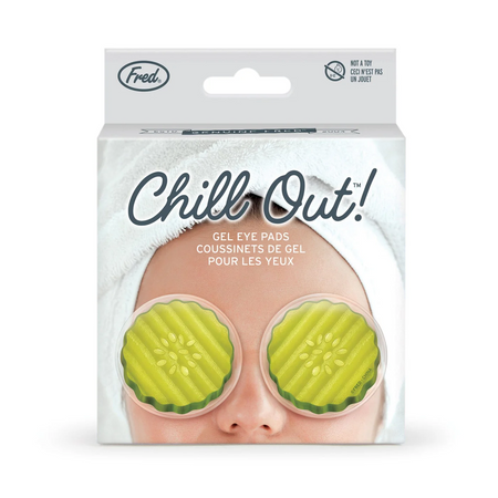 Packaging of 'Chill Out!' gel eye pads with a person wearing them on a white background.