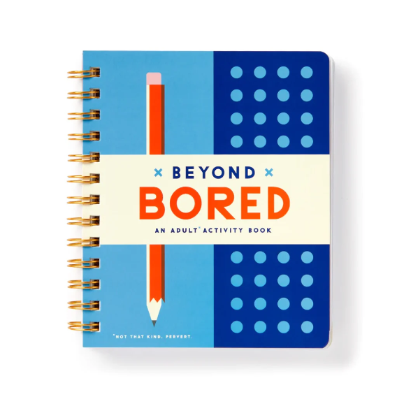 Notebook titled 'Beyond Bored' with a pencil illustration on a blue and white background