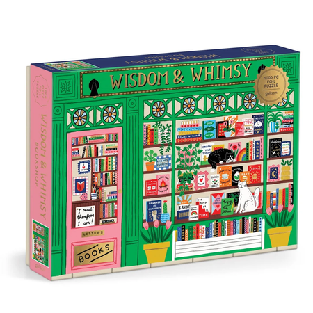 Jigsaw puzzle box with 'Wisdom & Whimsy' branding and colorful design.