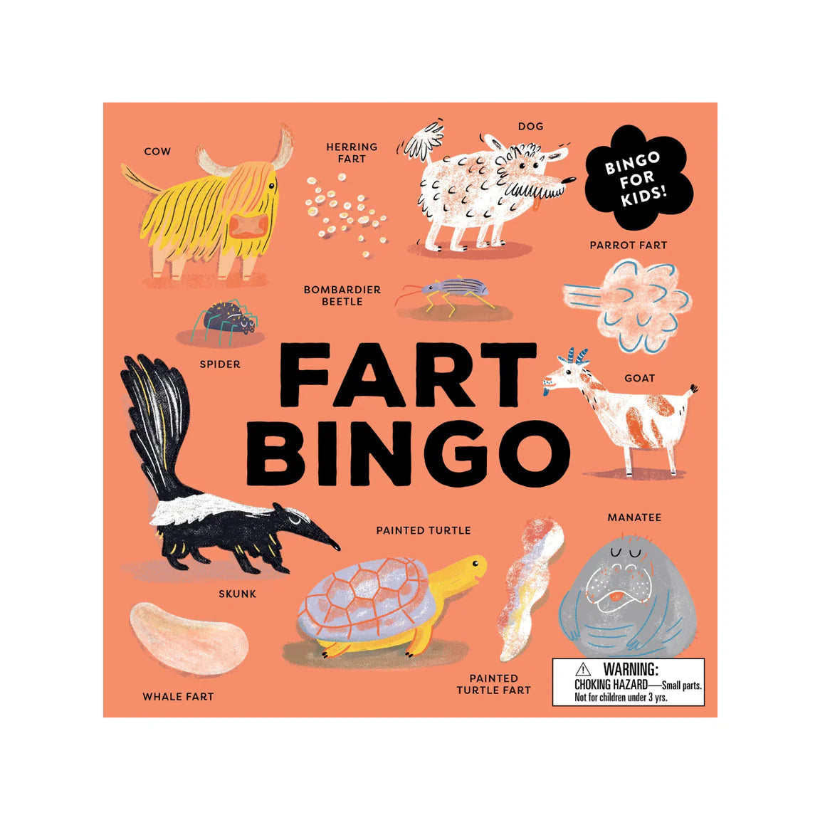 Fart Bingo game board with illustrations of animals and their corresponding 'farts' on a pink background.