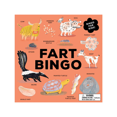 Fart Bingo game board with illustrations of animals and their corresponding 'farts' on a pink background.