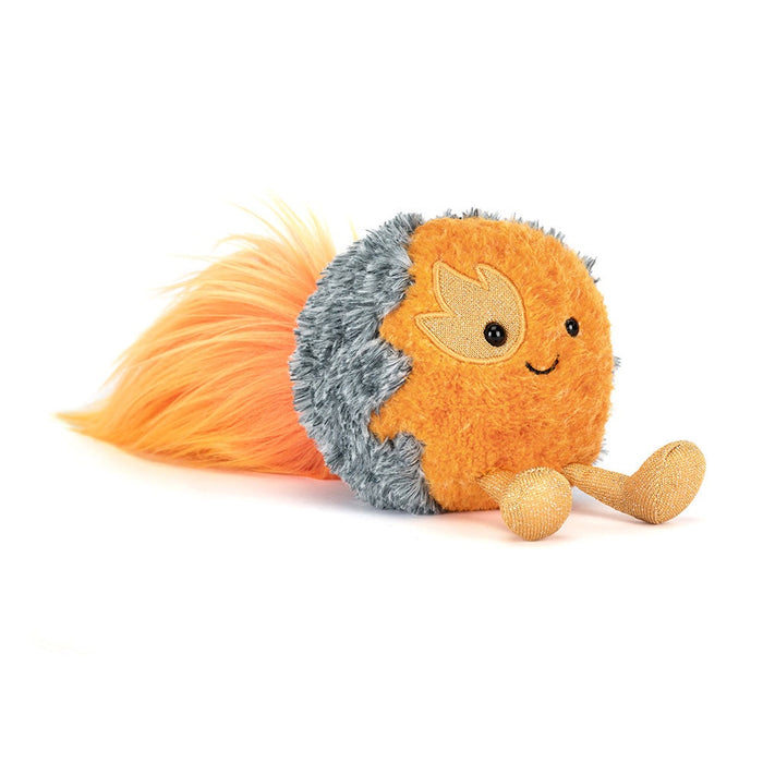 Plush toy resembling a hedgehog with orange body, gray spines, and a smiling face on a white background.