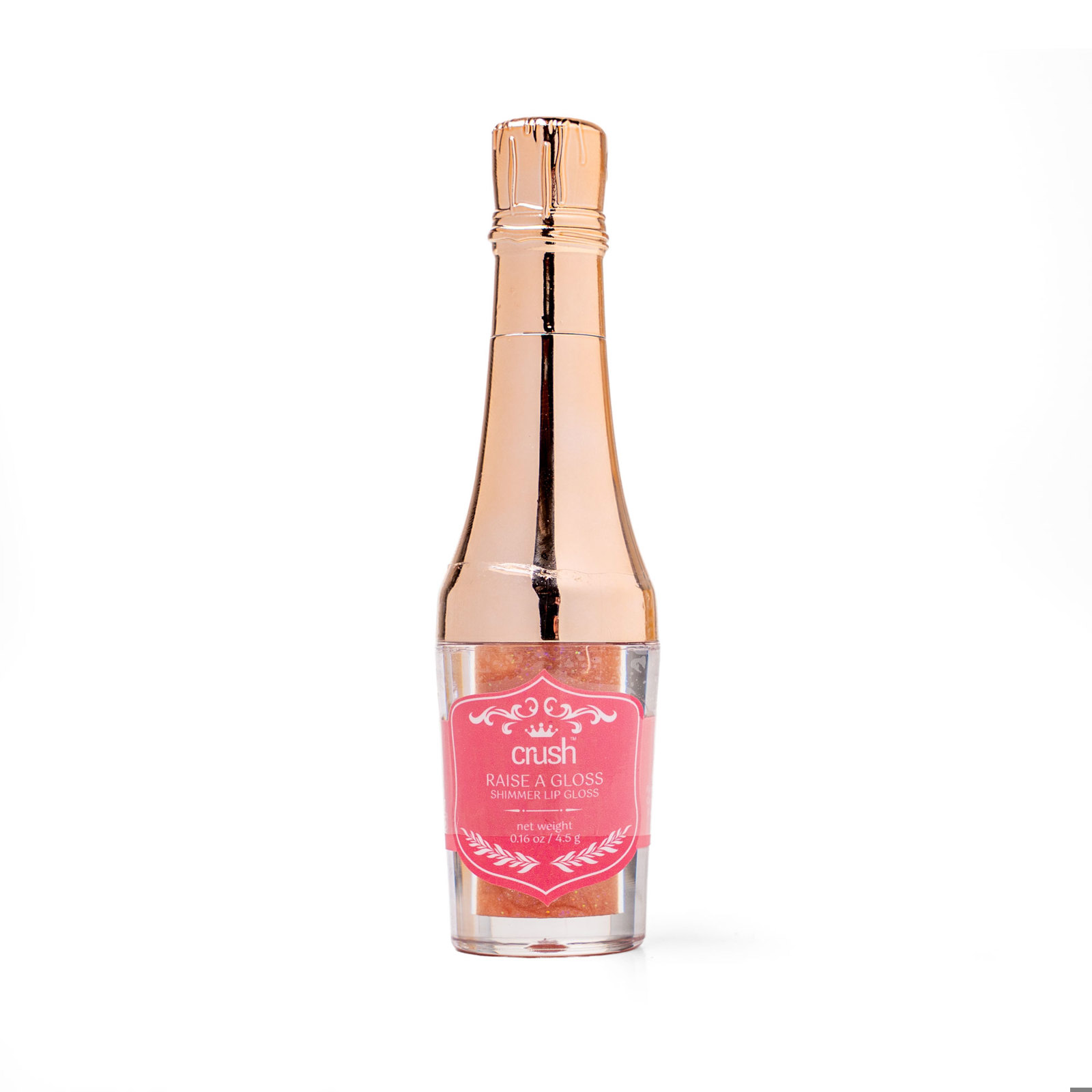 Rose gold lip gloss with a pink label on a white background