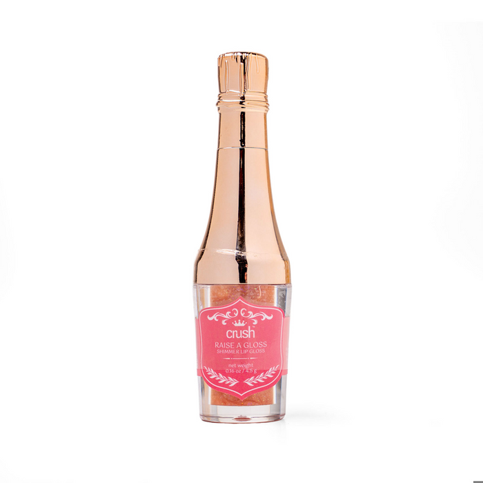 Rose gold lip gloss with a pink label on a white background