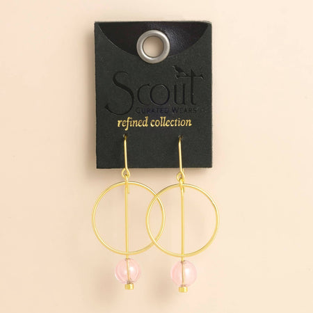 Gold hoop earrings with pink beads on a Scout Curated Wears card.