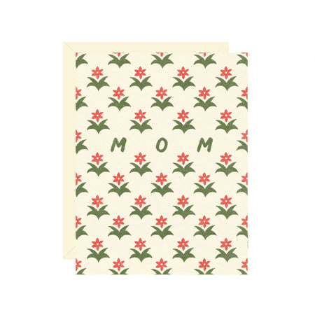 Card with floral pattern and 'Mom' text on a beige background