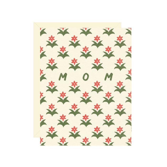 Card with floral pattern and 'Mom' text on a beige background