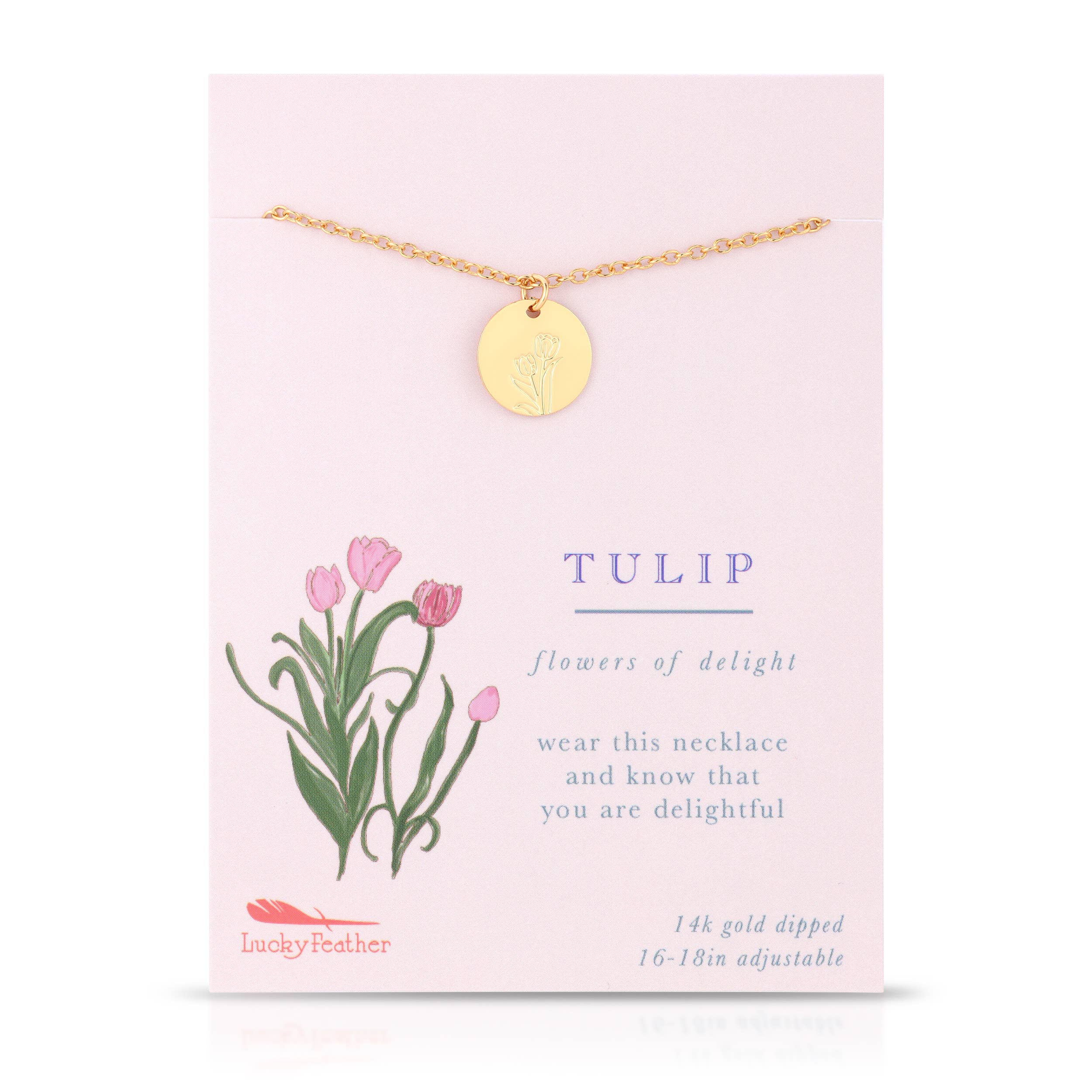 Gold necklace on a pink card with tulip illustration and text