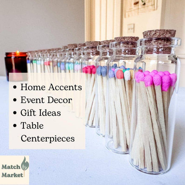 Color Tip Safety Matches in Glass Vial w Striker | 20 Colors