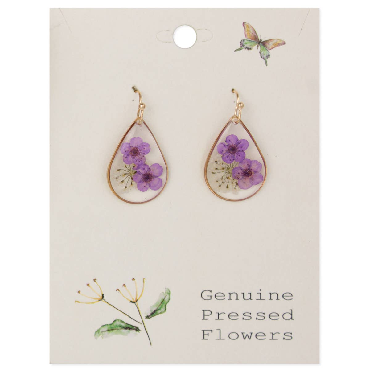 Teardrop-shaped earrings with purple flowers on a card labeled 'Genuine Pressed Flowers'.