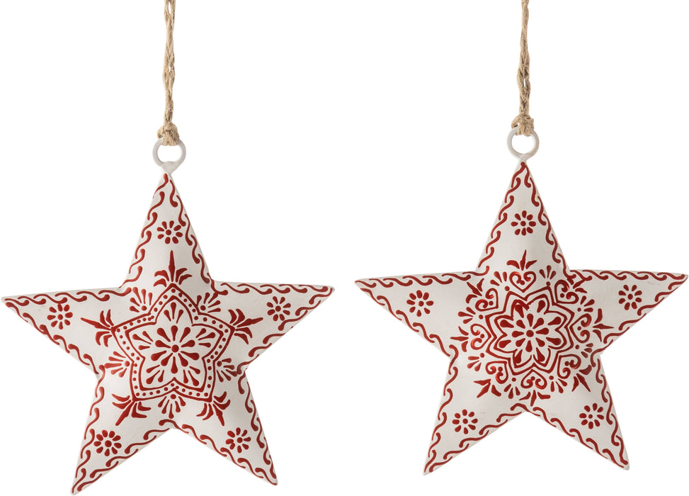 A69238:2 Asst'd painted metal star orn,white w/ intricate
