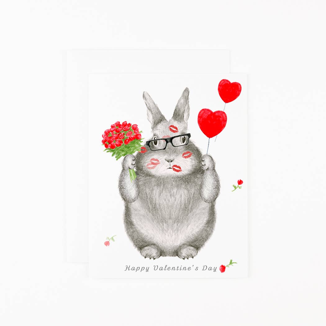 Illustration of a cute character holding flowers and a heart balloon with 'Happy Valentine's Day' text.