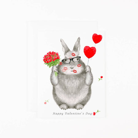 Illustration of a cute character holding flowers and a heart balloon with 'Happy Valentine's Day' text.