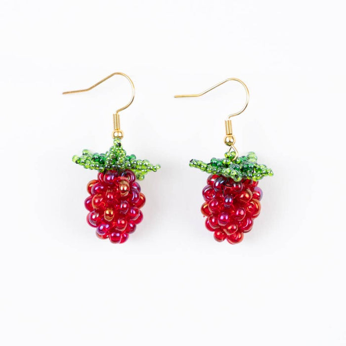 raspberry-shaped beaded earrings on a white background