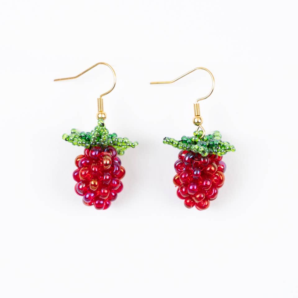 raspberry-shaped beaded earrings on a white background
