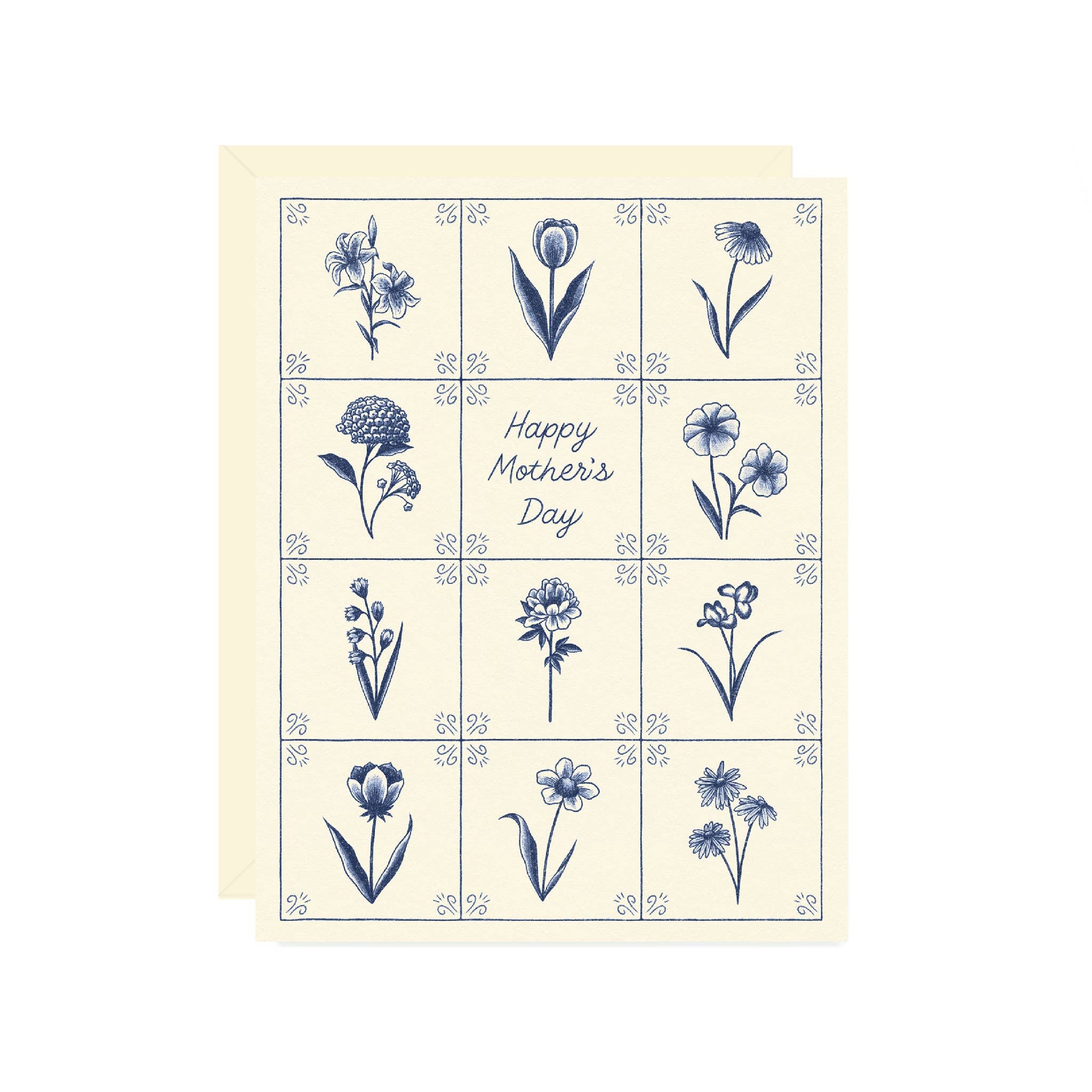 Greeting card with blue floral illustrations and 'Happy Mother's Day' text on a beige background
