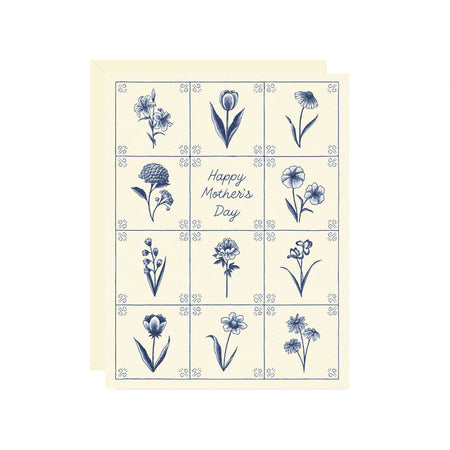 Greeting card with blue floral illustrations and 'Happy Mother's Day' text on a beige background