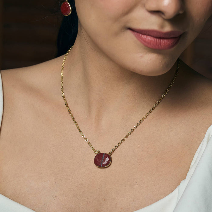 Gold Plated Necklace with Semi-Precious Stone - Red Jasper