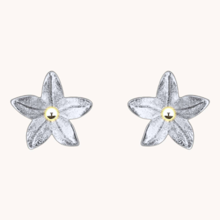 Pair of Summer Lily Silver Studs with five silver-tone petals and small gold-tone centers.