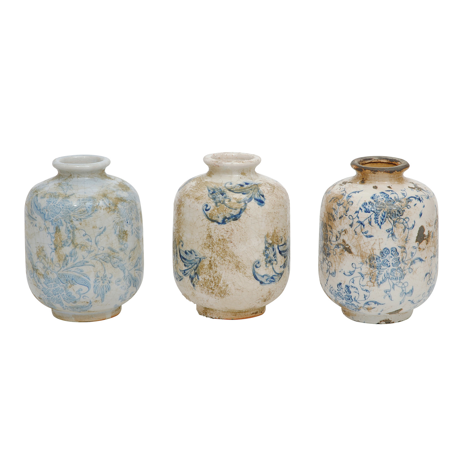 Three ceramic vases with floral patterns on a white background